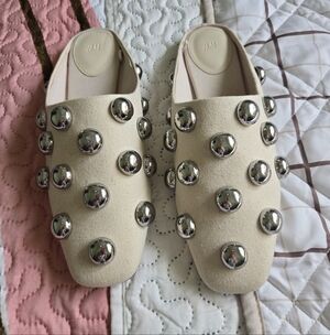 H&M Cream Embellished Studded Mules